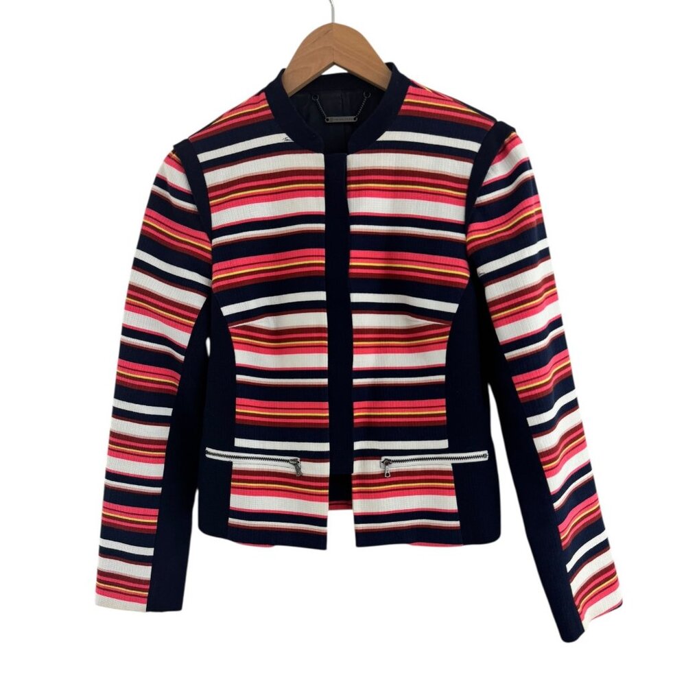 Trina Turk Navy Multi-Colored Striped Lined Jacket Cropped Pockets Size 6 Blazer